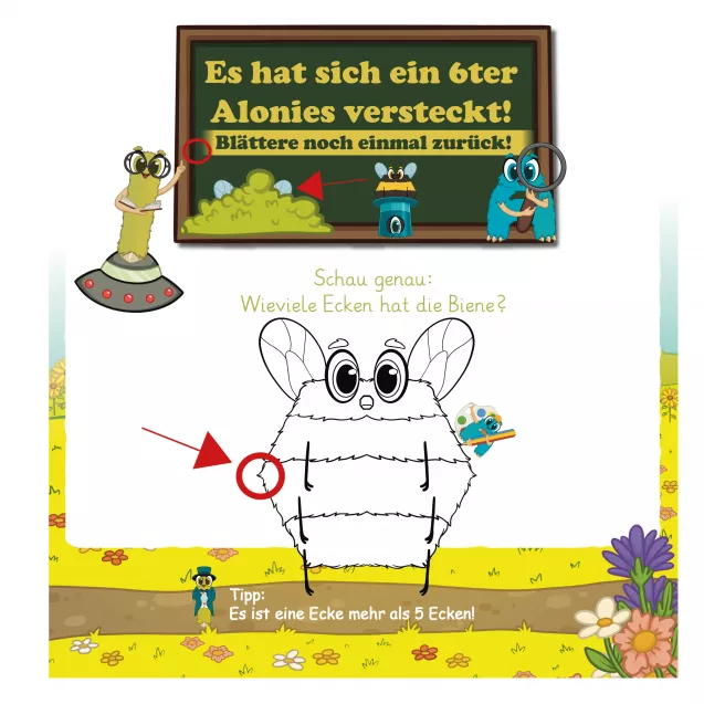 Kinder sollen zurückblättern und entdecken, dass sich ein sechster Aloni auf der vorherigen Seite versteckt hat. Außerdem dürfen sie die Biene Bi anmalen und ihre Ecken zählen. Kombiniert Feinmotorik, Zählen, Rückschau und Entdeckerlust auf spielerische Weise.