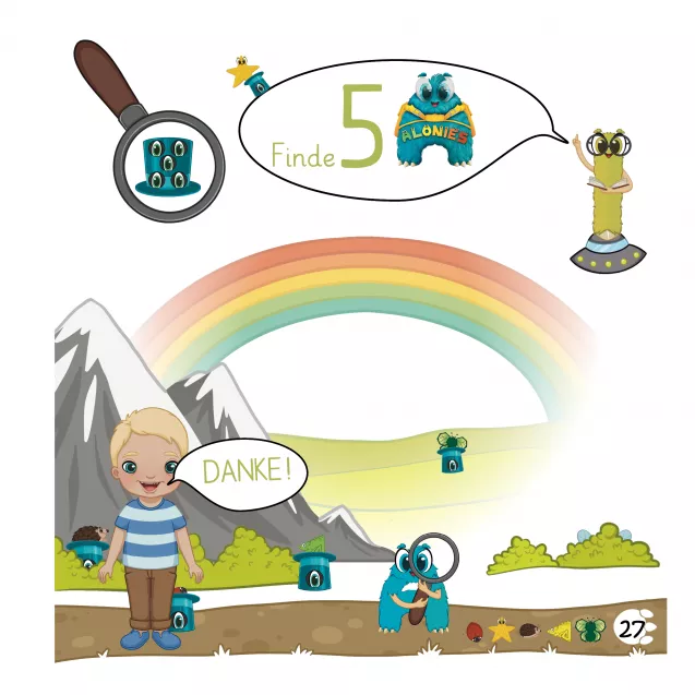 In diesem Wimmelbild sind fünf Alonies versteckt – alle sitzen gut getarnt in Hüten. Eine motivierende Suchaufgabe, die genaues Hinsehen, visuelle Differenzierung und Ausdauer schult – perfekt als Einstieg ins entdeckende Lernen.