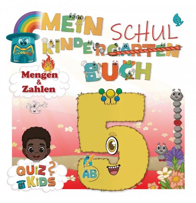 Das Cover zeigt Leo mit der  Zahl 5 und dem Steinelemtar 9. Das Buch richtet sich an Kinder ab 5 Jahren und begleitet sie spielerisch durch den Zahlenraum bis 9 – mit Aufgaben zu Wahrnehmung, Feinmotorik und phonologischer Bewusstheit. Ideal für Vorschule, Kindergarten und Schulvorbereitung.