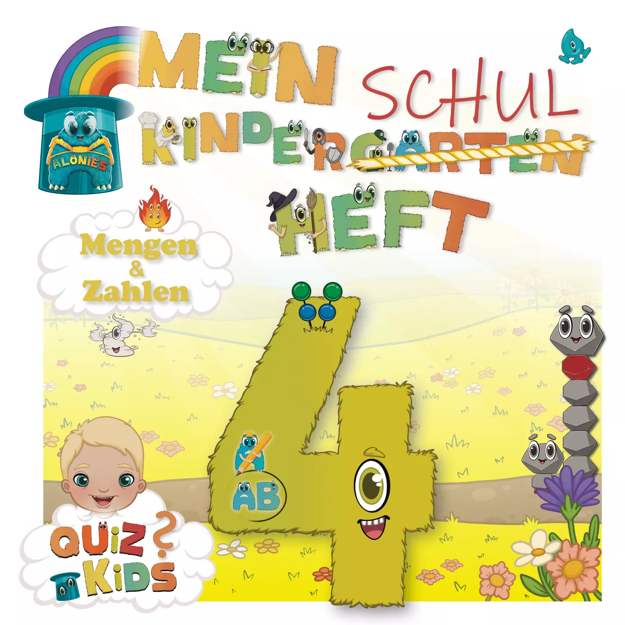 Cover: Mein Kindergarten-Schulheft mit Finn – PDF-Heft ab 4 Jahren (Zahlenraum 6). Das Vorschulheft „Fins erstes Abenteuer“ im PDF-Format zeigt Finn mit der Zahl 4 – der Startpunkt für Kinder ab 4 Jahren. Mit Alonies, klaren Aufgabenstrukturen und dem Fokus auf Zahlen und Mengen im Bereich bis 6 lernen Kinder spielerisch und selbstständig. Ideal als digitales Vorschulbuch oder Kindergartenheft.