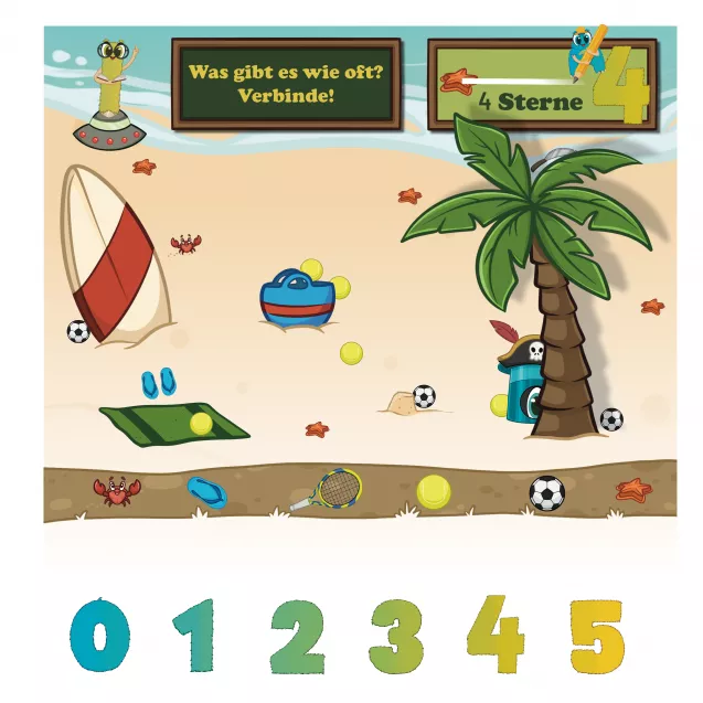 Zählen & Zuordnen von Sommergegenständen
Sommerlich gestaltete Seite zur Anzahlenerkennung: Kinder zählen Tennisbälle, Fußbälle, Strand-Utensilien und ordnen passende Zahlen zu. Diese Seite trainiert visuelle Wahrnehmung, Mengenverständnis und Zahlenbezug.