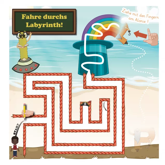 Interaktives Labyrinth zum Alonies
Labyrinth-Seite mit Mitmach-Charakter: Kinder folgen Pfaden, lösen das Hut-Labyrinth und entdecken den Aloni. Feinmotorik, Raumorientierung und logisches Denken werden gefördert – ein spannender, interaktiver Abschnitt.