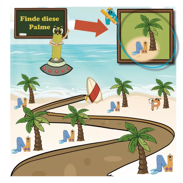 Raumorientierung mit Meerjungfrau und Palme
Aufgabe zur Raumorientierung: Kinder analysieren ein detailreiches Bild mit Palme und Nixe. Begriffe wie rechts, links, oben und unten werden angewendet – eine wichtige Vorläuferkompetenz für das Lesen und Schreiben.