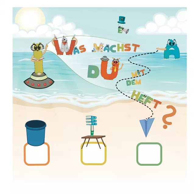 Abschlussseite des Mitmachbuchs „Hallo Sommer – Vorschulspaß ab 5 Jahren“ mit mehreren kindgerechten Reflexionsimpulsen: Kinder malen ihren Lieblings-Aloni aus und beantworten spielerisch die Frage „Was machst du mit dem Heft?“ – zur Auswahl stehen: sammeln, wegschmeißen oder verbasteln. Diese Seite stärkt Selbstwirksamkeit, Entscheidungsfreude und Verantwortungsbewusstsein. 