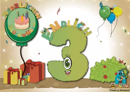 Interaktive Geburtstagskarte zum 3. Geburtstag für Kinder – liebevoll handgemacht, bunt illustriert und mit versteckten Alonis auf der Vorderseite. Die kleinen Figuren, die Zahlen, Buchstaben und Formen darstellen, laden Kinder zum Suchen und Entdecken ein. Eine kreative Mitmachkarte, die Kinderaugen strahlen lässt und den Geburtstag zu einem besonderen Erlebnis macht.