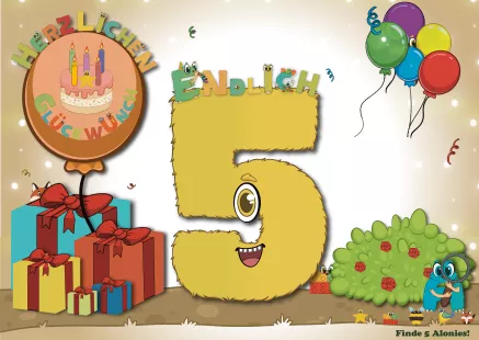 Interaktive Geburtstagskarte zum 5. Geburtstag – liebevoll handgemacht, kindgerecht illustriert und mit fünf versteckten Alonis. Die Figuren aus Zahlen, Buchstaben und Formen laden Kinder dazu ein, auf Entdeckungsreise zu gehen und selbst aktiv zu werden. Eine besondere Mitmachkarte, die den 5. Geburtstag zu einem kleinen Abenteuer macht.