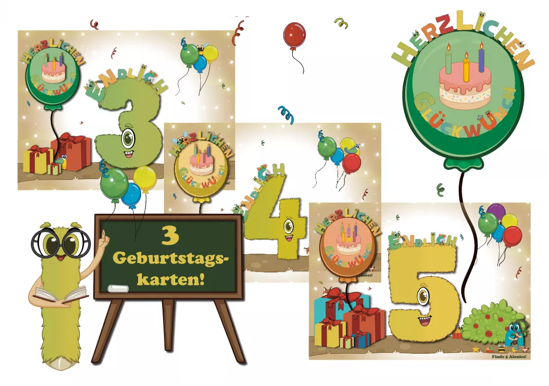 3er-Set interaktive Geburtstagskarten für Kinder zum 3., 4. und 5. Geburtstag – handgemacht, bunt illustriert und mit versteckten Alonis auf jeder Karte. Die Figuren aus Zahlen, Buchstaben und Formen laden Kinder zum Suchen und Entdecken ein. Jede Karte ist altersgerecht gestaltet und macht den Geburtstag zu einem kreativen Mitmach-Erlebnis.