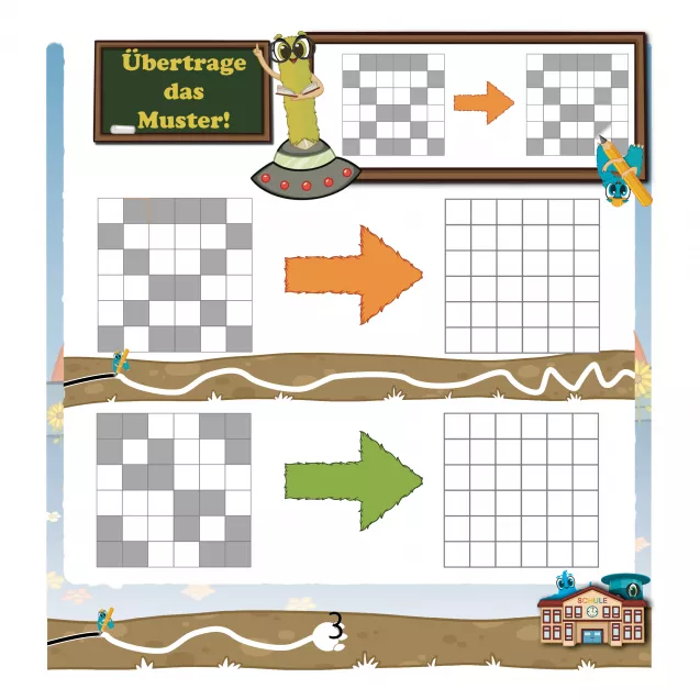 Muster nachmalen (visuelle & räumliche Wahrnehmung)
Übung im Einschulungsbuch: Schwierige Muster nachmalen – Förderung von visueller Wahrnehmung, Konzentration und räumlichem Denken vor der Einschulung.