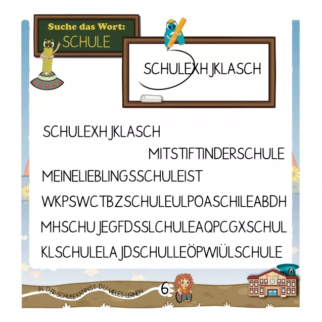 Wörterlesen üben (Wort Schule in Buchstabenschlange finden)
Lesetraining im Einschulungsbuch: Das Wort Schule in Buchstabenschlangen finden – erste Wörter erkennen und lesen lernen in der Vorschule.