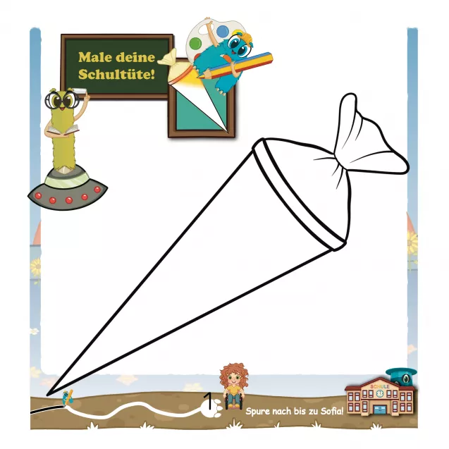 Seite aus dem Einschulungsbuch ab 6 Jahren: Kinder gestalten ihre eigene Lieblings-Schultüte bunt und kreativ. Fördert Fantasie, Motivation, Selbstständigkeit und macht den Schuleintritt zu einem persönlichen Erlebnis mit den Alonies.