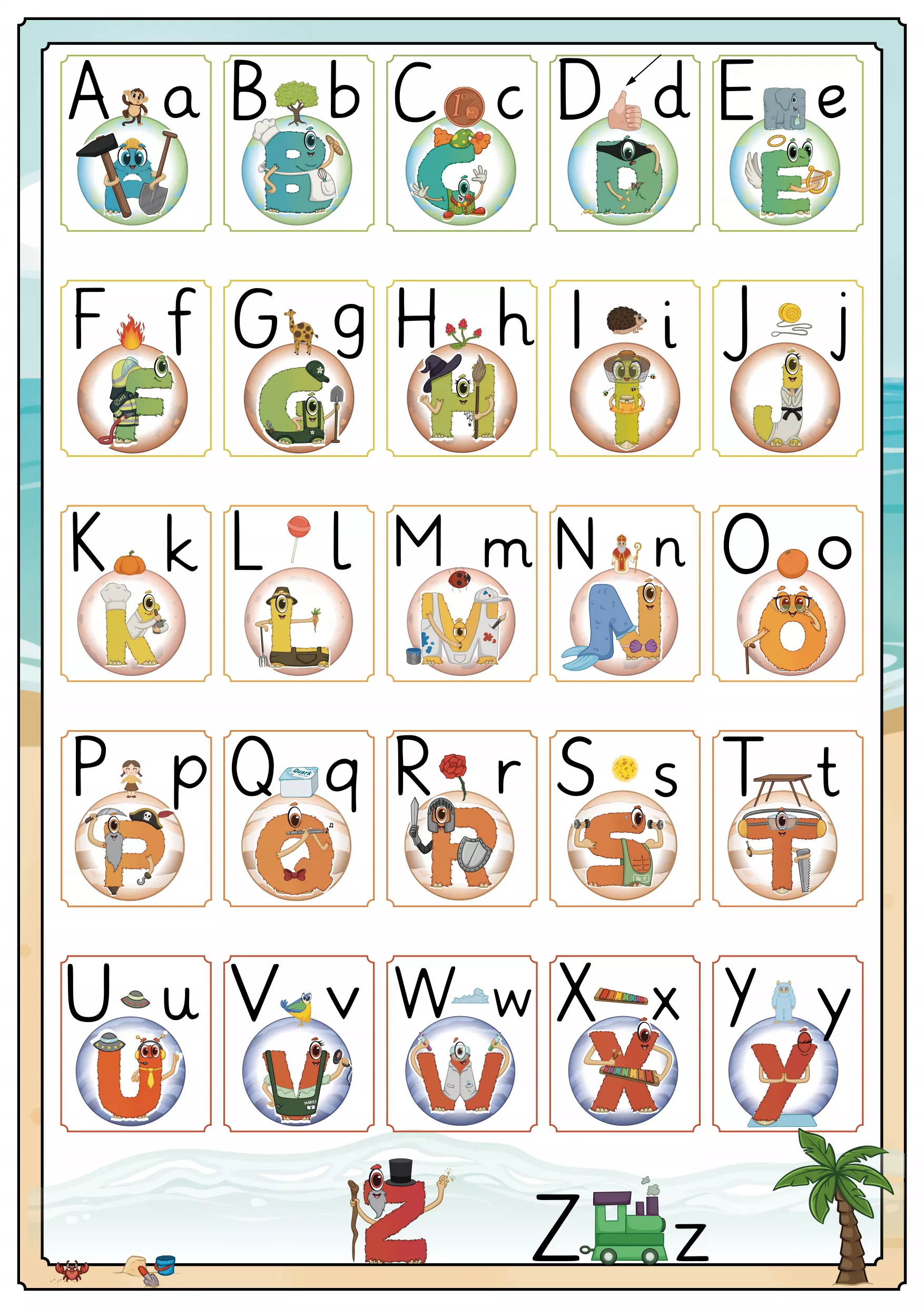 Alonies Alphabet Poster DIN A3 – farbenfrohes Lernplakat mit Buchstaben-Charakteren aus Berufen und Fantasiefiguren. Spielerisches Buchstabenlernen für Kinderzimmer und Klassenzimmer.
