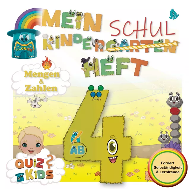 Cover: Mein Kindergarten-Schulheft mit Finn – PDF-Heft ab 4 Jahren (Zahlenraum 6). Das Vorschulheft „Fins erstes Abenteuer“ im PDF-Format zeigt Finn mit der Zahl 4 – der Startpunkt für Kinder ab 4 Jahren. Mit Alonies, klaren Aufgabenstrukturen und dem Fokus auf Zahlen und Mengen im Bereich bis 6 lernen Kinder spielerisch und selbstständig. Ideal als digitales Vorschulbuch oder Kindergartenheft.