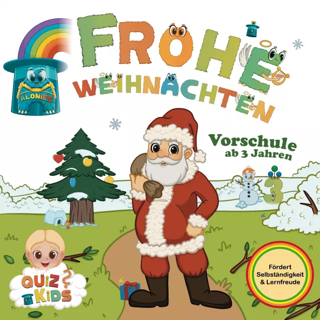 Cover des Vorschulhefts „Frohe Weihnachten“ ab 3 Jahren – PDF zum Download. Mit Lucia, Verlaufsspur und Alonies. Fördert Selbstständigkeit, Konzentration, Feinmotorik, Kreativität und vorschulische Kompetenzen.