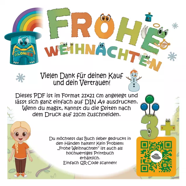 Einleitung des Frohe-Weihnachten-Vorschulhefts im 21x21-Format. Das Heft kann einfach ausgedruckt werden und ist auch als gebundenes Buch erhältlich.