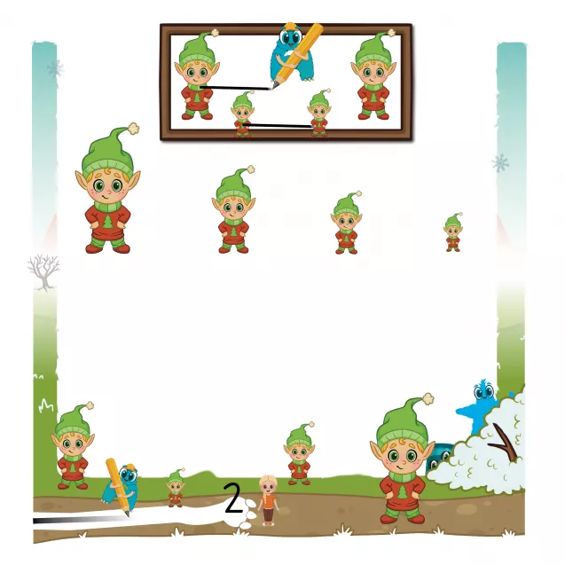 Aufgabe im Vorschulheft: Verbinde große und kleine Wichtel miteinander. Fördert visuelle Wahrnehmung, Größenunterschiede erkennen und Aufmerksamkeit.
