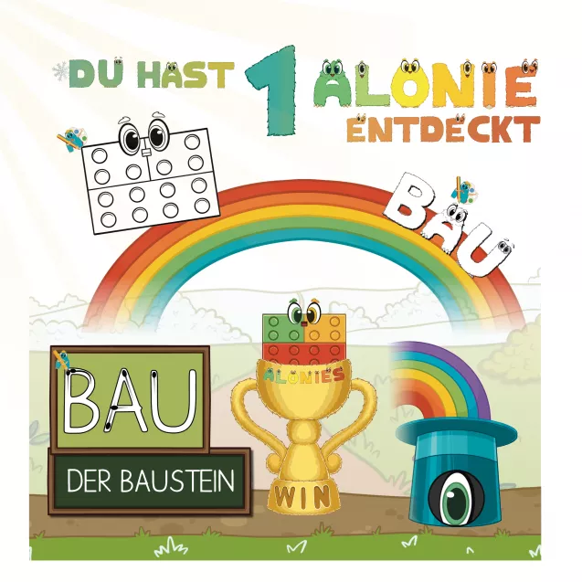 Spielerische Vorschulaufgabe mit den Alonies: Bausteine nachspuren, Aloni entdecken. Fördert Selbstständigkeit, Feinmotorik, entdeckendes Lernen und Lernfreude.