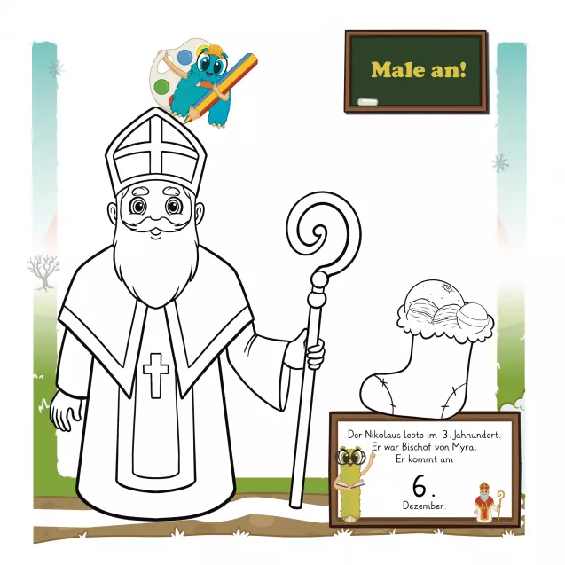 Malaufgabe im Frohe-Weihnachten-Heft: Male den Nikolaus an. Mit Hinweis zur Geschichte: Nikolaus aus Myra im 3. Jahrhundert, gefeiert am 6. Dezember.