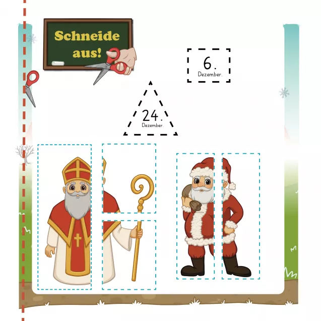 Bastelseite: Nikolaus und Weihnachtsmann ausschneiden und aufkleben. Lerninhalt: Nikolaus am 6. Dezember, Weihnachtsmann am 24. Dezember. Fördert Feinmotorik und Sachwissen.