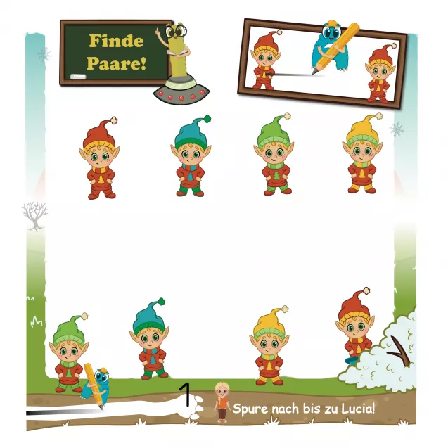 Paare finden – Wichtel
Bunte Wichtel in verschiedenen Farben laden Kinder zum Paare finden ein. Diese intuitive Aufgabe fördert die visuelle Wahrnehmung, Farbunterscheidung und Konzentration. Mit den fröhlichen Illustrationen der Alonies lernen Kinder spielerisch, Unterschiede und Gemeinsamkeiten zu erkennen.