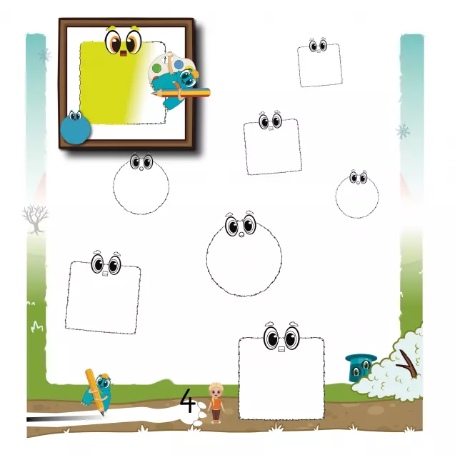 Bei dieser Aufgabe werden Kreise und Vierecke farbig ausgemalt. Kinder lernen spielerisch, geometrische Grundformen zu unterscheiden, und trainieren dabei Feinmotorik, Konzentration und Farberkennung.