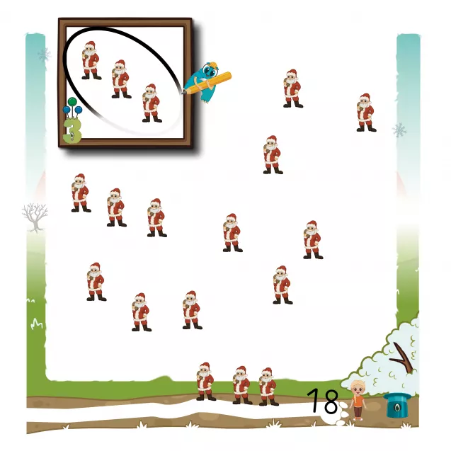 Kinder entdecken die Menge 3: Drei Nikoläuse werden eingekreist. Diese Aufgabe stärkt das Mengenverständnis, fördert mathematische Vorläuferfähigkeiten und schließt das Weihnachtsbuch mit einer motivierenden Lerneinheit ab.