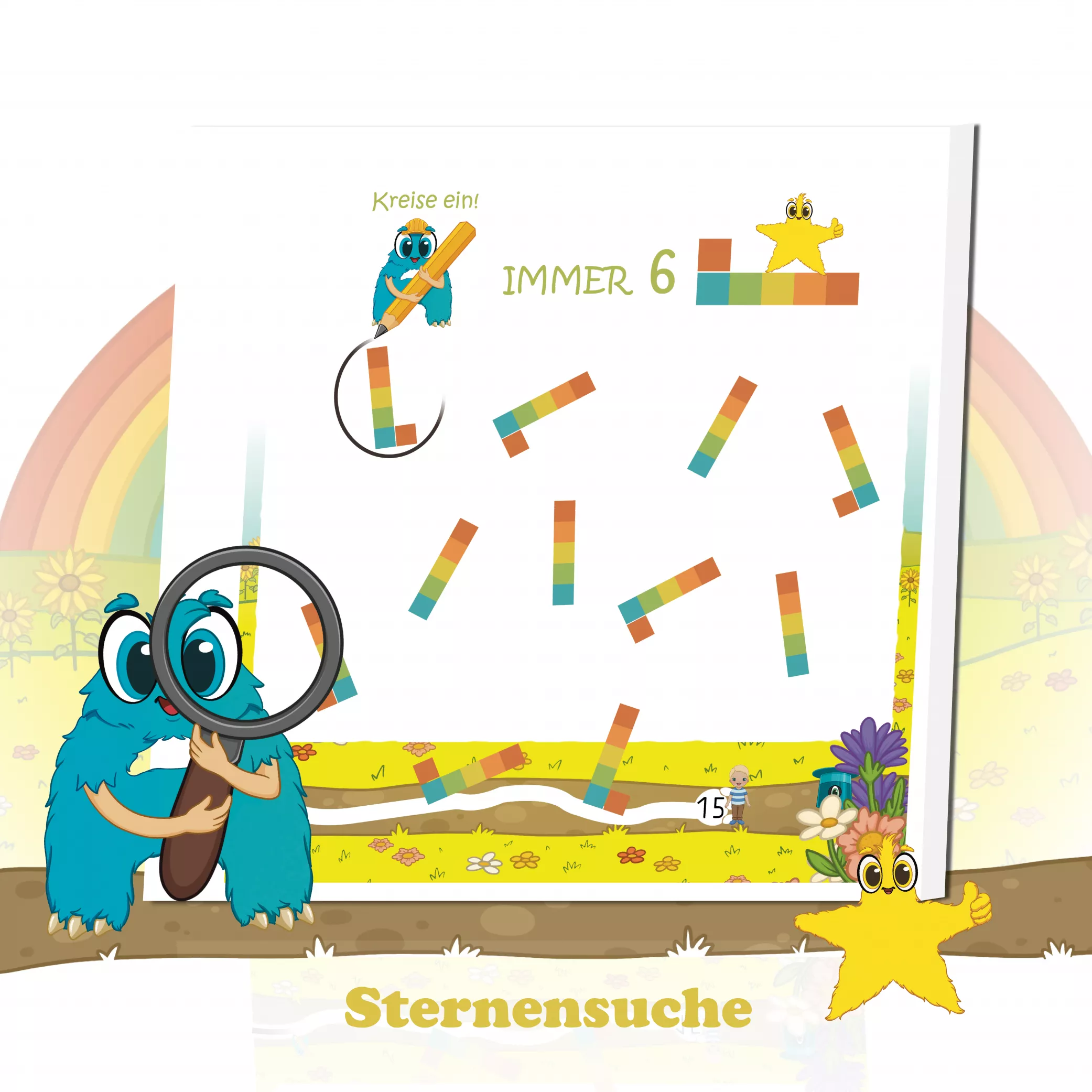 Sternensuche

Die versteckten Sterne sind das Highlight jeder Seite! Kinder suchen, zählen und sammeln Sterne als kleine Belohnung. Diese spielerische Motivation fördert Aufmerksamkeit, Selbstwirksamkeit und Begeisterung für das Lernen mit den Alonies.