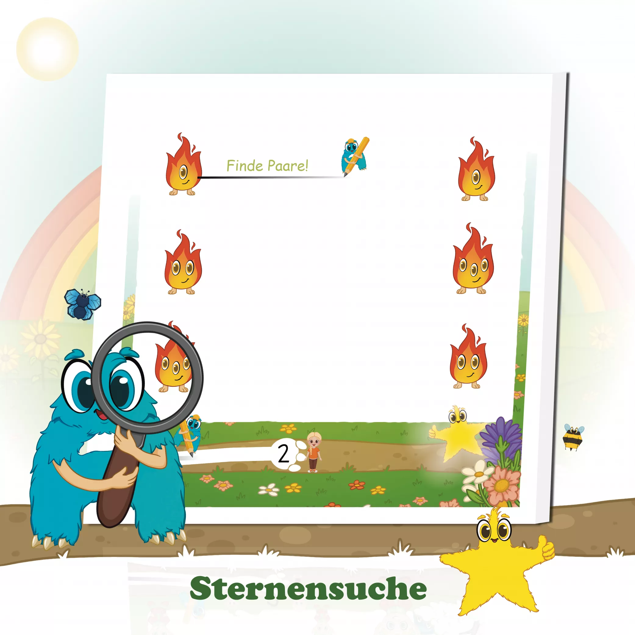 Sternensuche Auf jeder Seite sind drei versteckte Sterne zu finden. Dieses Ritual sorgt für Spaß, Spannung und Motivation – Kinder bleiben aufmerksam, lernen genaues Hinsehen und erleben spielerisch Erfolgsmomente.