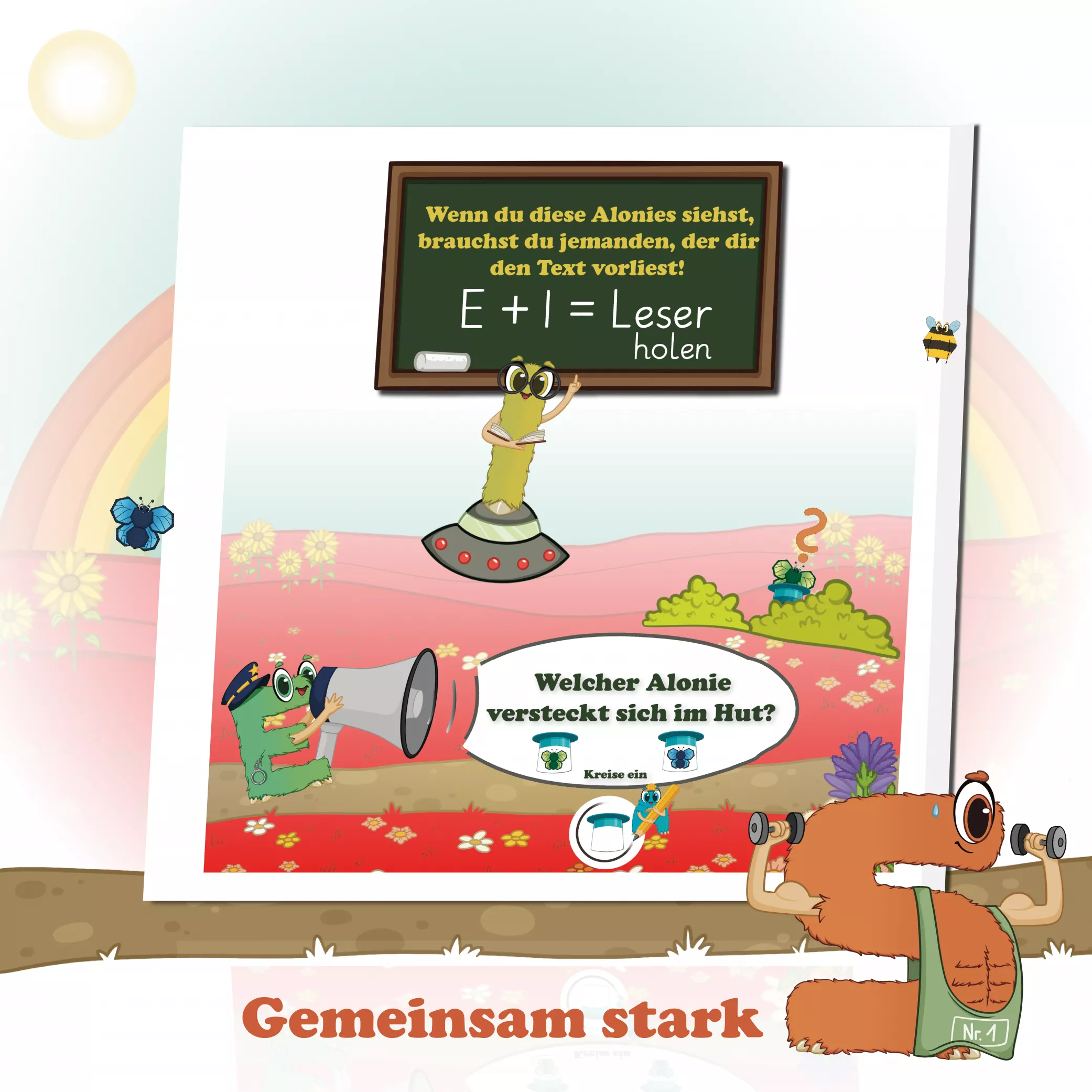 Gemeinsam stark – mit Informi & Explaini

Wenn Informi oder Explaini im Heft auftauchen, bedeutet das: Jetzt darf dir jemand beim Lesen helfen. So werden Kinder sanft ans gemeinsame Arbeiten mit einem Erwachsenen herangeführt, während sie die meisten Aufgaben weiterhin eigenständig lösen. Dieses Prinzip stärkt das Gefühl von Sicherheit und Selbstwirksamkeit – ein zentrales Element der Alonies-Pädagogik.