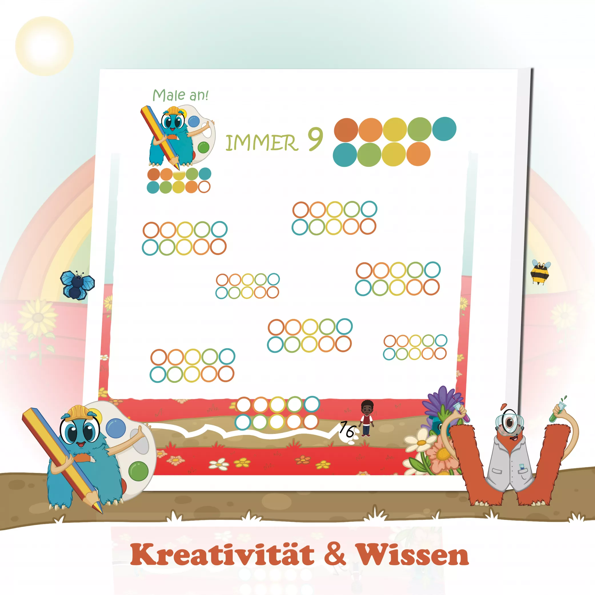 Kreativität & Wissen – die Zahl 9 entdecken

Kinder entdecken die Zahl 9 im Zusammenhang mit der 10 – eine weniger als 10, eine mehr als 8. Durch klare Visualisierung, Farben und Aloni-Charaktere verstehen sie Zahlbeziehungen intuitiv. So wird mathematisches Denken schon im Kindergarten kindgerecht gefördert.