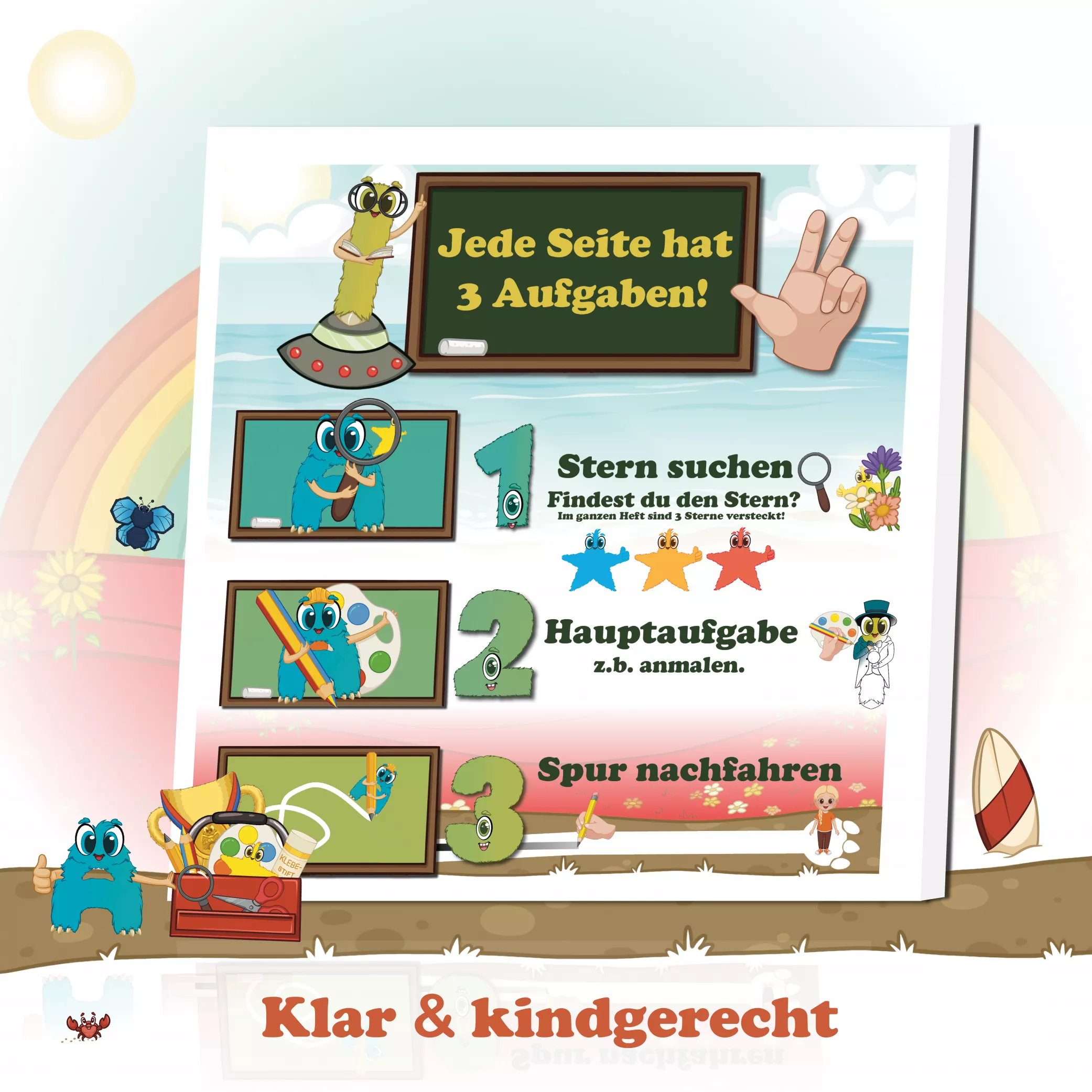 Klar und kindgerecht
Jede Aufgabe folgt einem klaren Dreischritt: Stern finden, Hauptaufgabe lösen, Spur nachfahren. Durch diese klare Struktur verstehen Kinder sofort, was zu tun ist. Kindgerechte Symbole und sommerliche Szenen sorgen für Orientierung, Erfolgserlebnisse und Spaß.