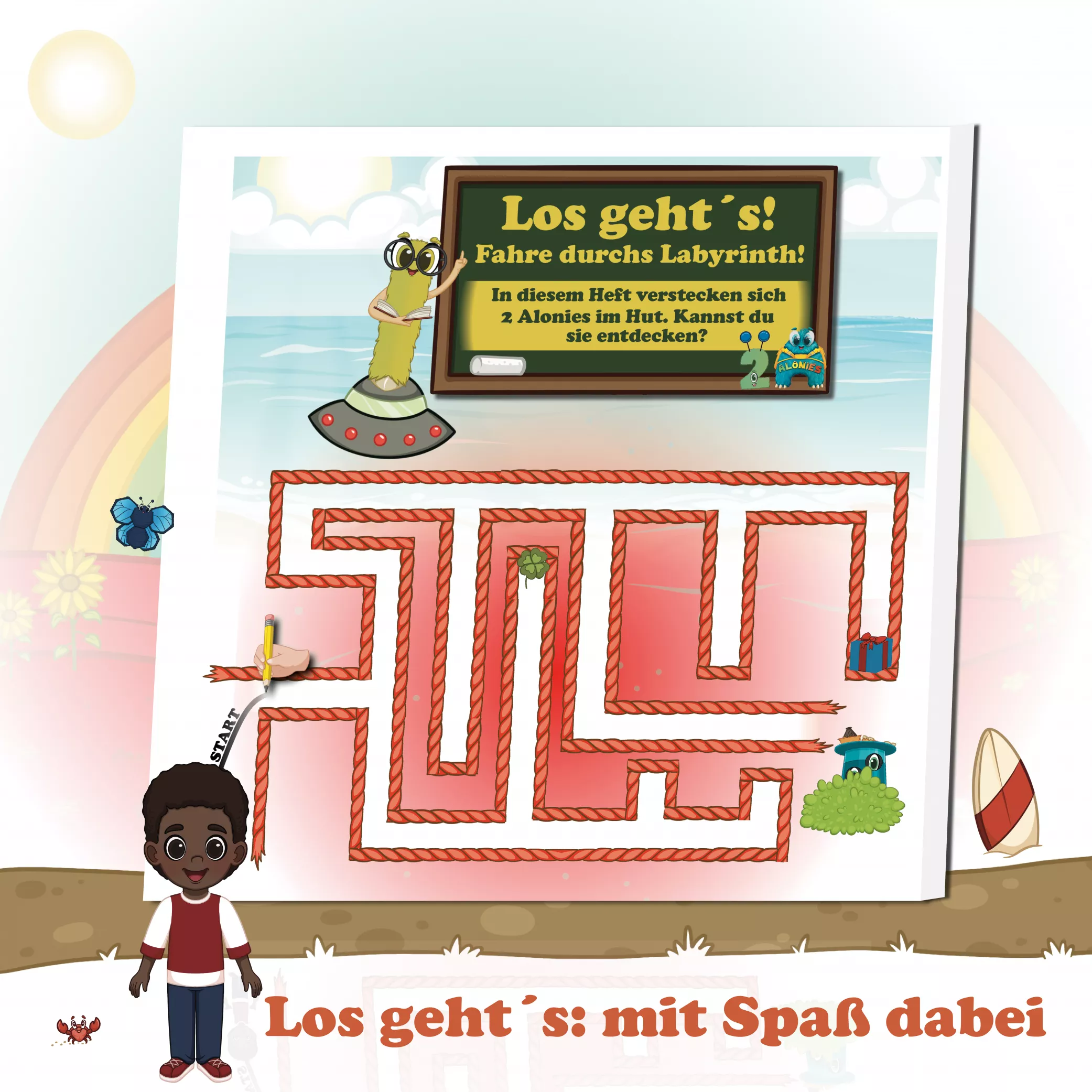 Los geht’s – mit Spaß dabei
Gemeinsam mit Leo durch das Labyrinth spuren, kleine Gegenstände einsammeln und das Abenteuer beginnen. Ein motivierender, feinmotorischer Einstieg in das Sommerbuch, der Neugier weckt und Lust auf Lernen macht – ganz im Stil der Alonies.