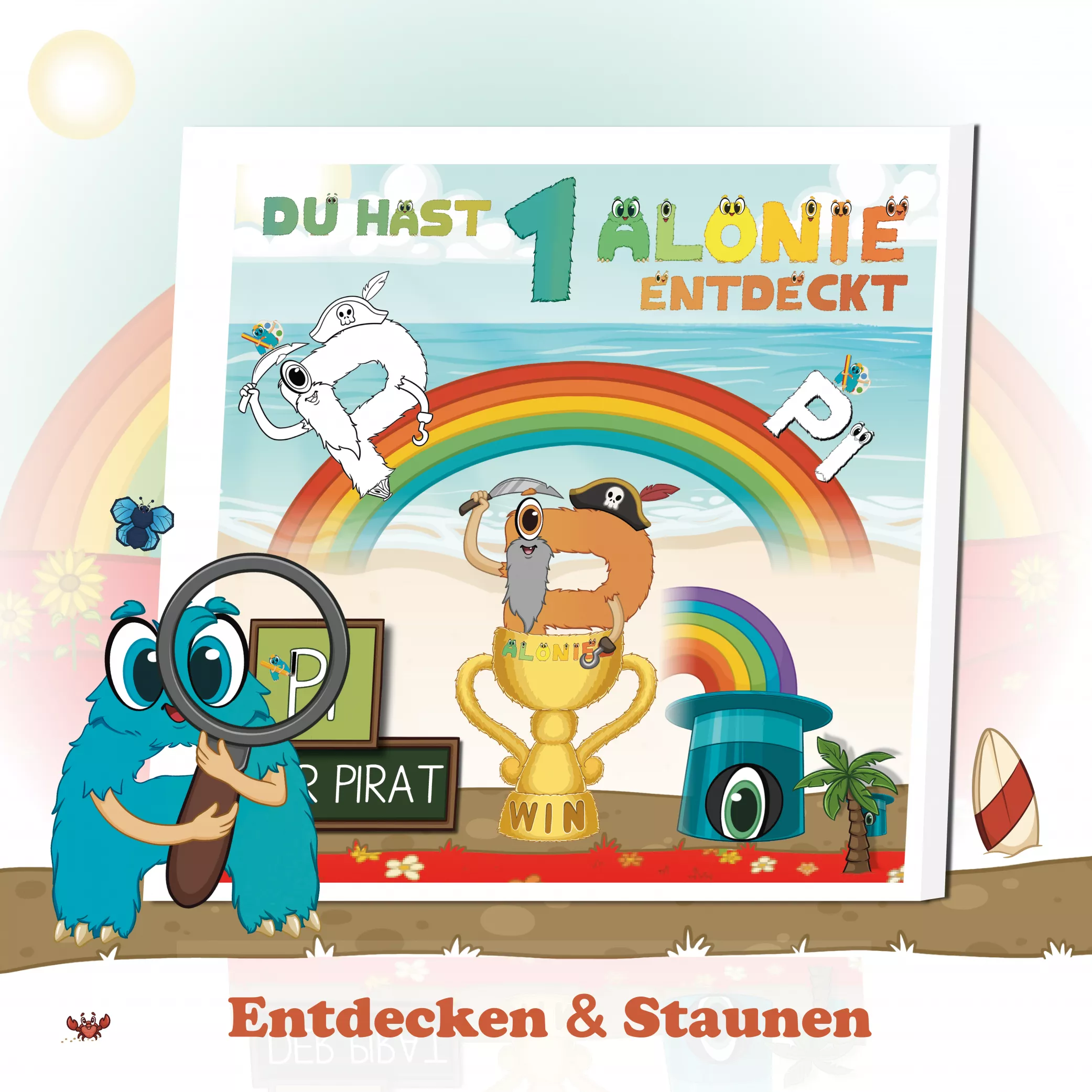 Entdecken und Staunen mit den versteckten Alonies
Zwischen Muscheln, Zahlen und Sommerbildern verstecken sich kleine Alonies, die entdeckt werden wollen. Diese liebevollen Details wecken Neugier und Motivation. Kinder lernen, genau hinzusehen, bleiben konzentriert und erleben echte Freude am Lernen.