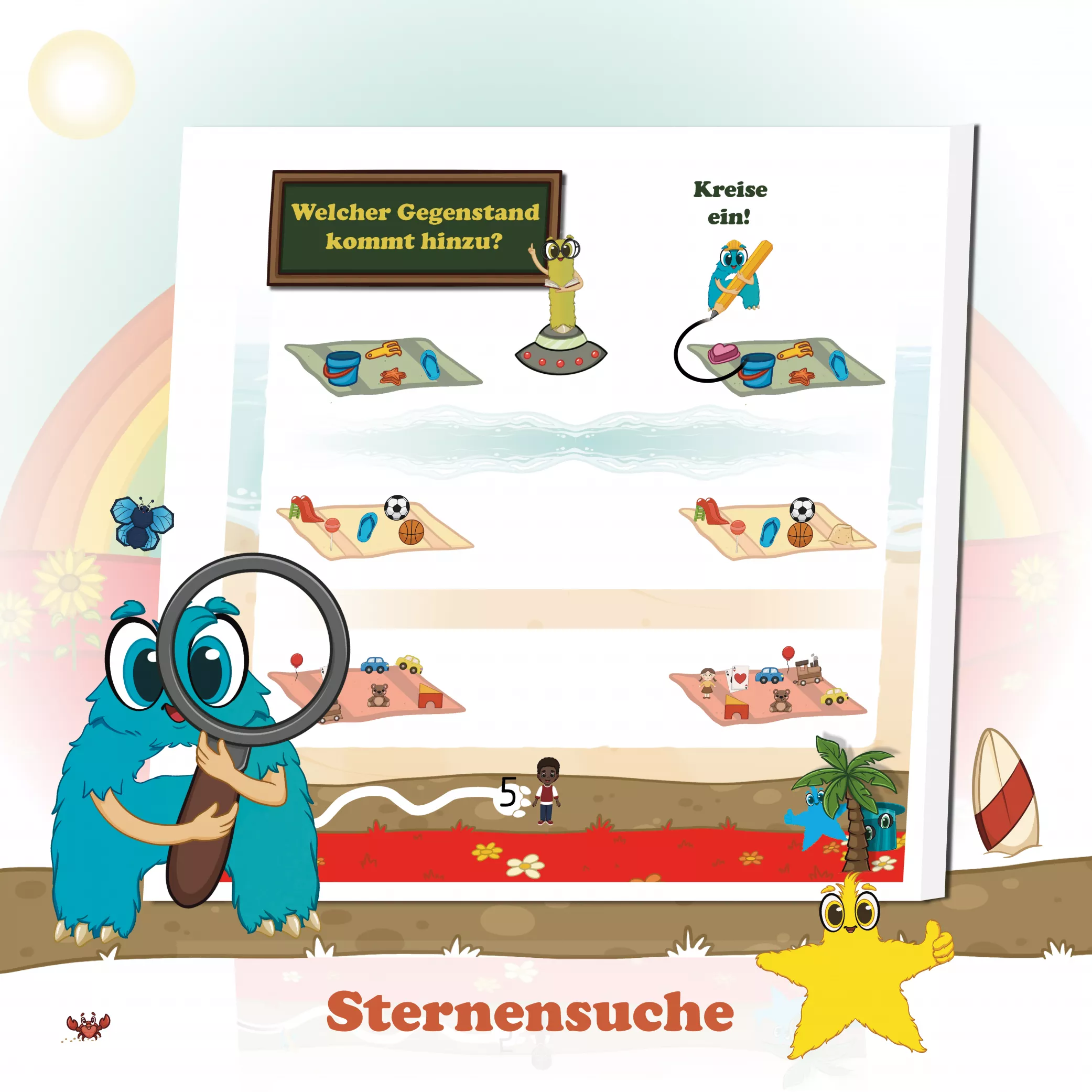 Sternensuche
Auf jeder Seite kann einer der drei leuchtende Sterne darauf warten, entdeckt zu werden. Kinder suchen sie mit voller Aufmerksamkeit, zählen ihre Funde und bleiben hoch motiviert. Dieses liebevolle Ritual stärkt Konzentration, Ausdauer und Lernfreude – ein spielerisches Erfolgserlebnis in jedem Kapitel.