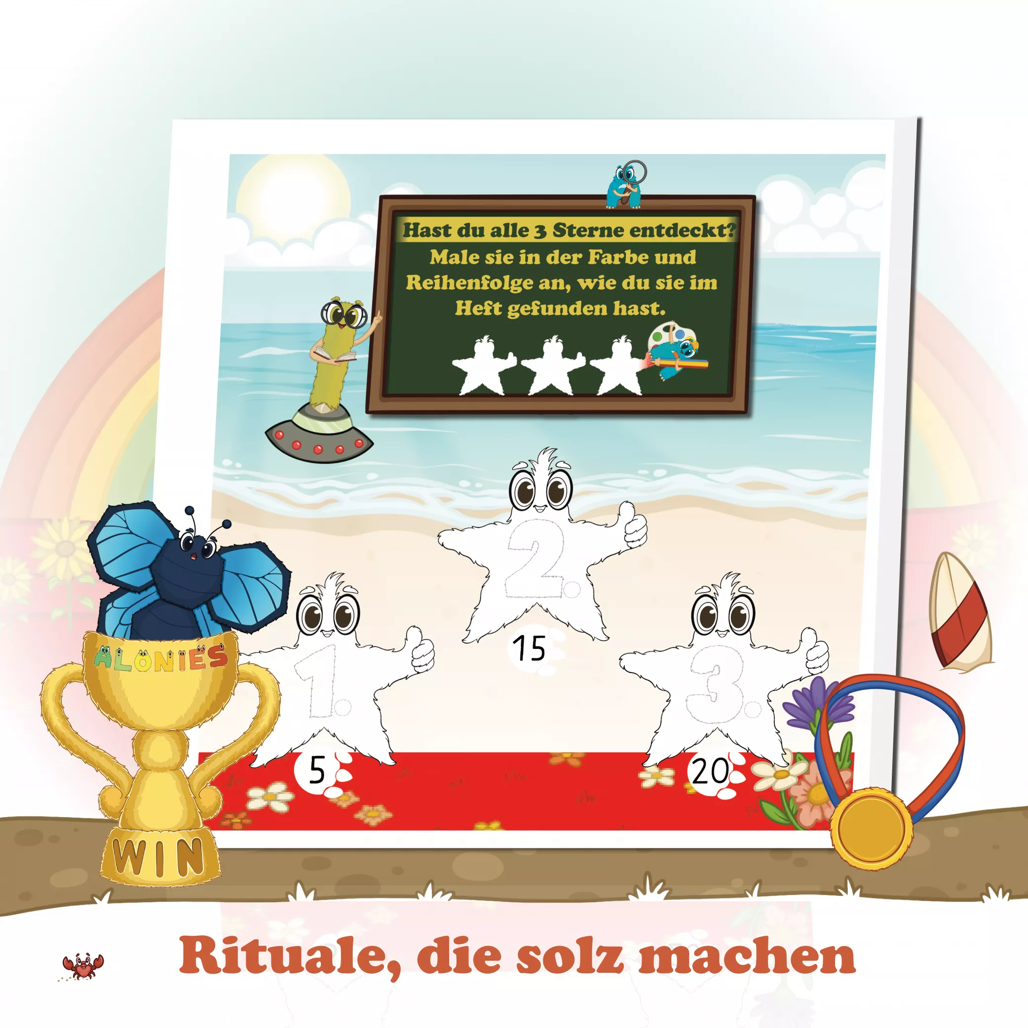 Rituale, die dich stolz machen
Wiederkehrende Alonie-Rituale wie Sternensuche, Lieblings-Aloni malen und kleine Reflexionsfragen geben Sicherheit, Orientierung und Freude am Lernen. Diese kindgerechten Rituale fördern Selbstvertrauen, Stolz und die Motivation, Aufgaben selbst zu meistern.