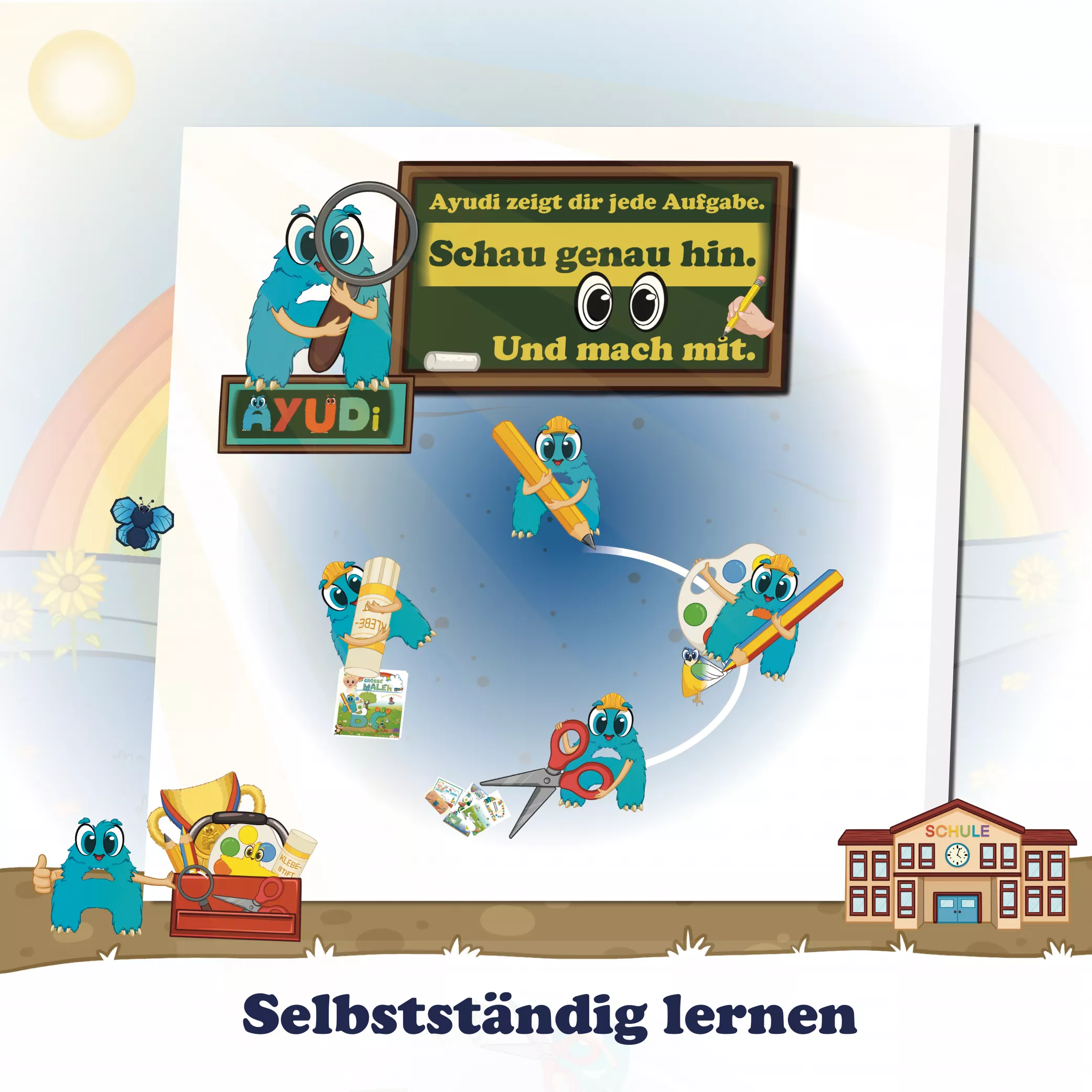 Ayudi zeigt visuelle Lernaufträge, die Kinder sofort verstehen. Ganz ohne Vorlesen entdecken sie, was zu tun ist, und lernen Schritt für Schritt selbstständig zu arbeiten. Dieses Prinzip macht Kinder stolz, stärkt ihre Konzentration und bereitet sie spielerisch auf den Schulalltag vor – ganz nach dem Motto: Alonies helfen lernen.