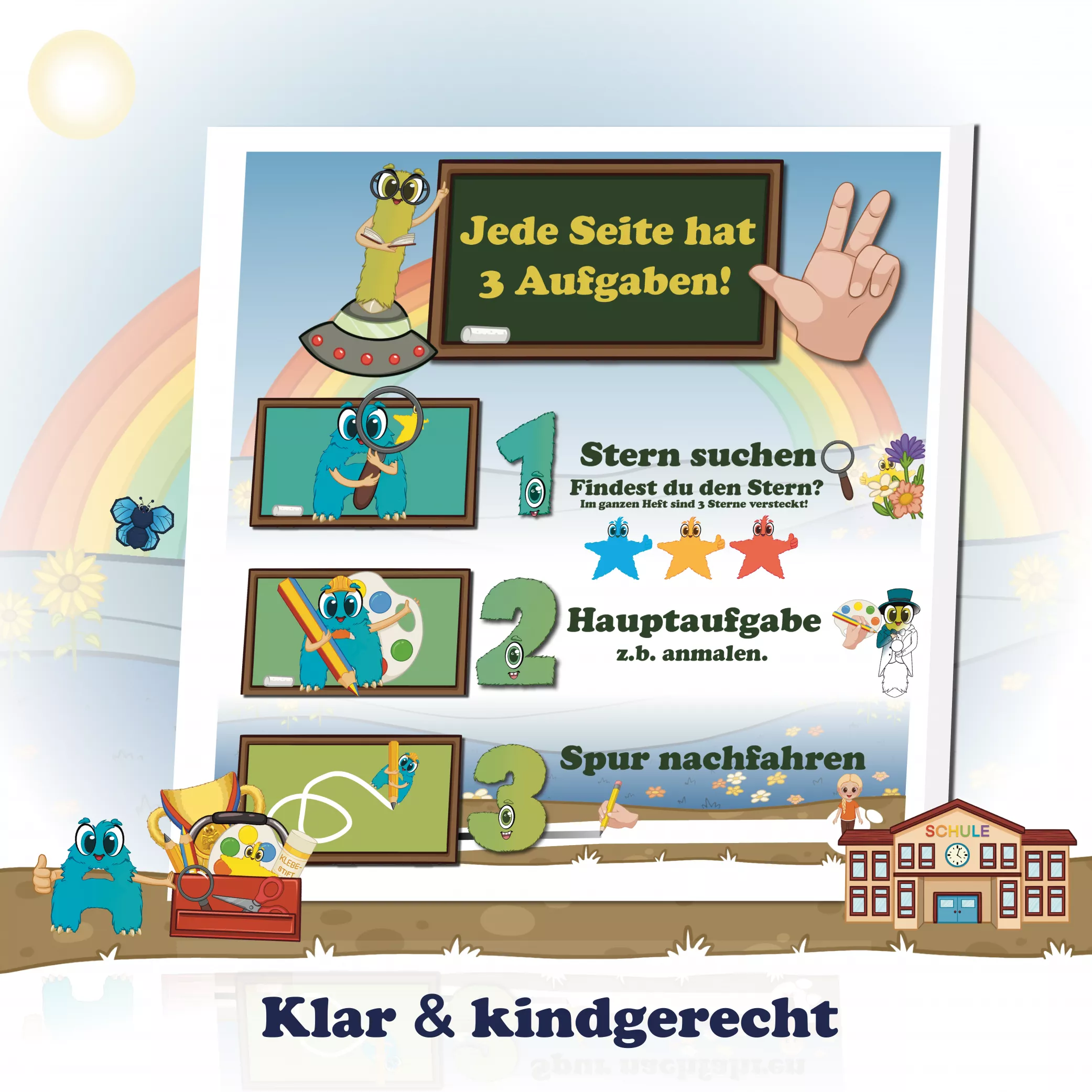 Klar und kindgerecht

Das Buch folgt einem klaren Aufbau mit dem bewährten 3-Schritt-System:
Stern finden – Hauptaufgabe lösen – Nachspuren.
Diese Struktur gibt Kindern Halt und fördert selbstständiges Arbeiten. Durch die klare Seitenaufteilung und visuelle Hilfen behalten Kinder den Überblick und entwickeln spielerisch eine sichere Lernroutine.