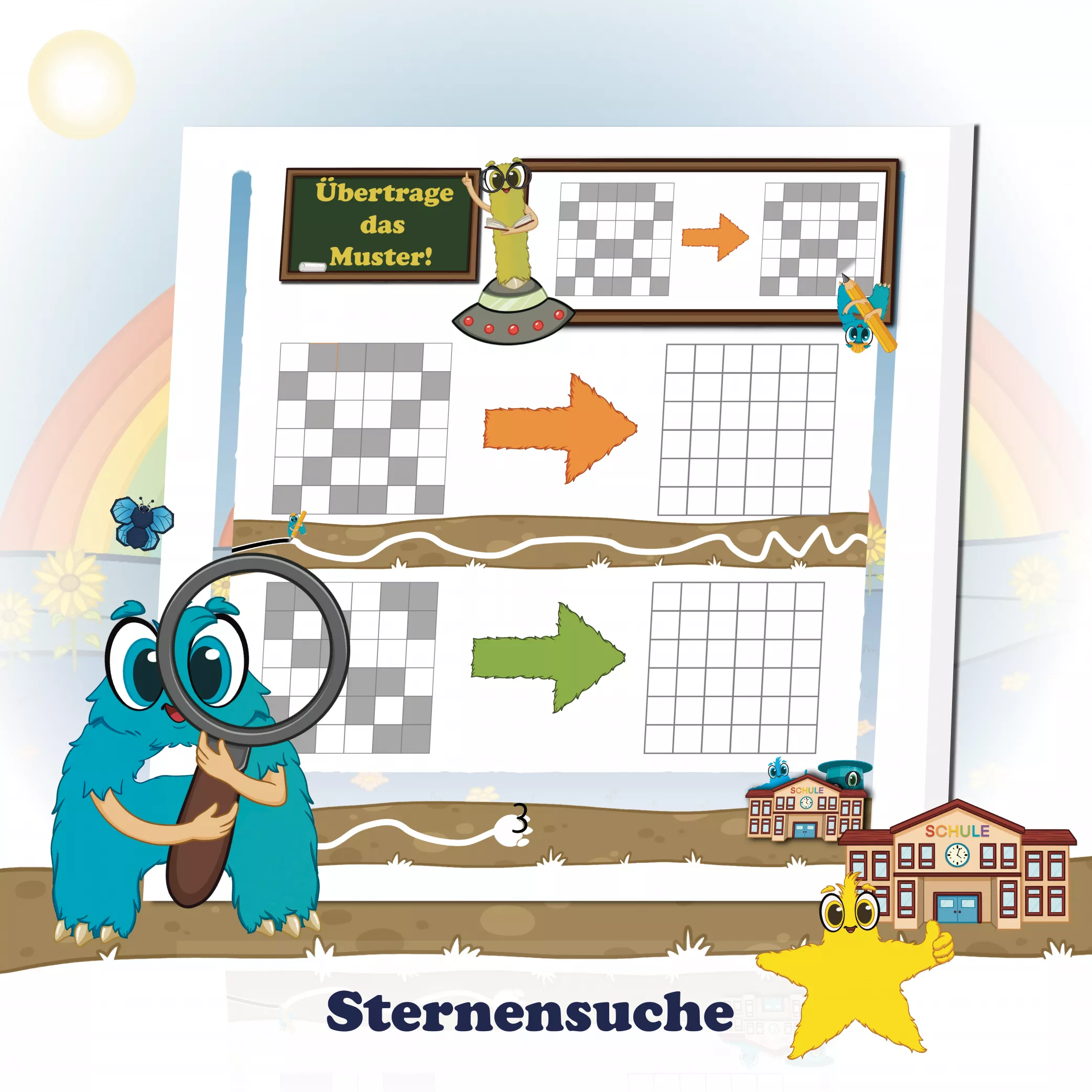 Sternensuche

Drei versteckte Sterne begleiten das gesamte Buch und schaffen kleine, magische Erfolgserlebnisse. Kinder lieben es, sie zu entdecken! Diese Sternsuche sorgt für Spannung, Motivation und Konzentration – kleine Belohnungsmomente, die die Freude am Lernen immer wieder neu entfachen. 