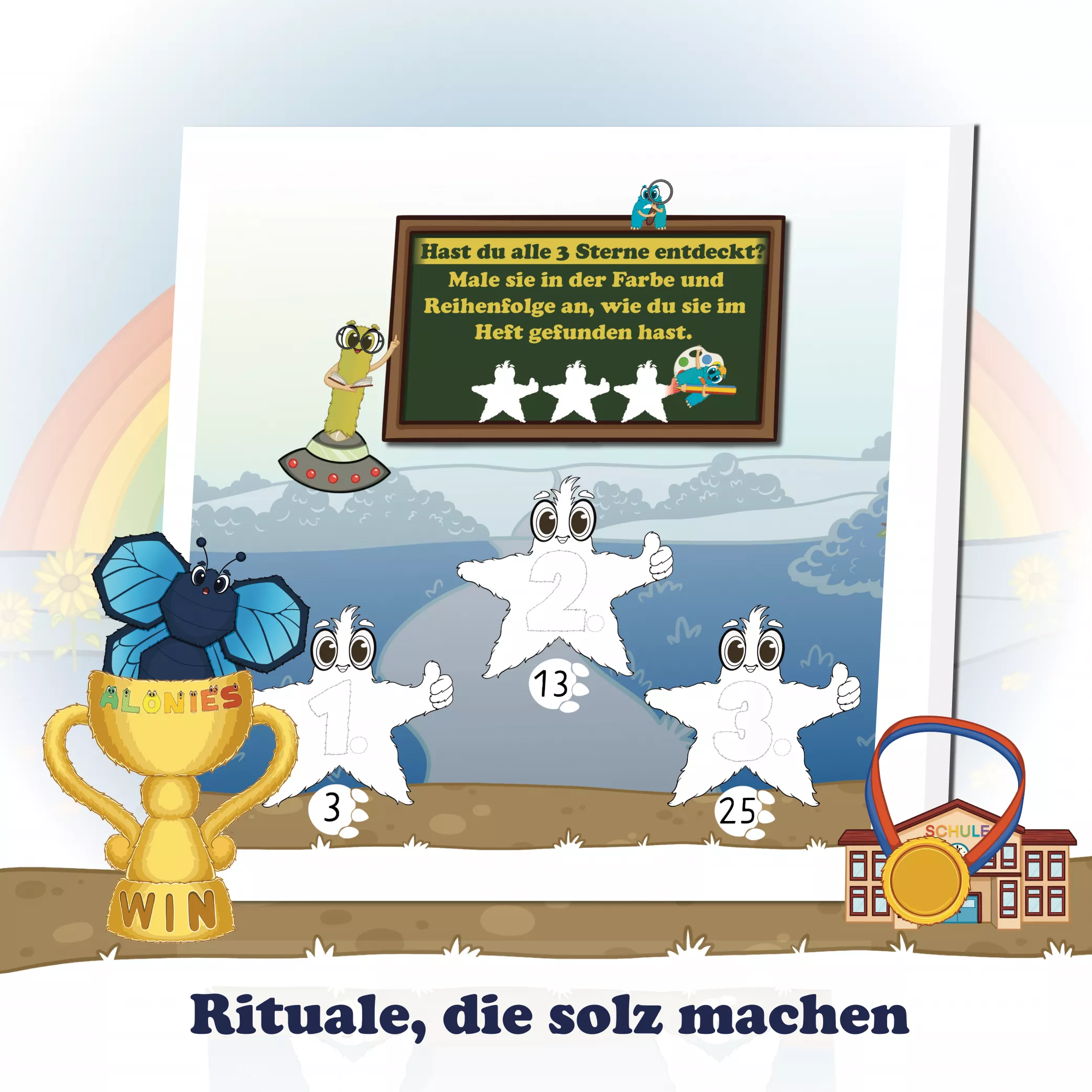Rituale und Reflexion

Am Ende dürfen Kinder ihre gefundenen Sterne in der richtigen Reihenfolge anmalen und über ihr Lernen nachdenken. Dieses Ritual fördert Selbstreflexion, Stolz und Bewusstsein für den eigenen Lernweg. Kinder erkennen, was sie bereits geschafft haben – und entwickeln Motivation, weiterzumachen.