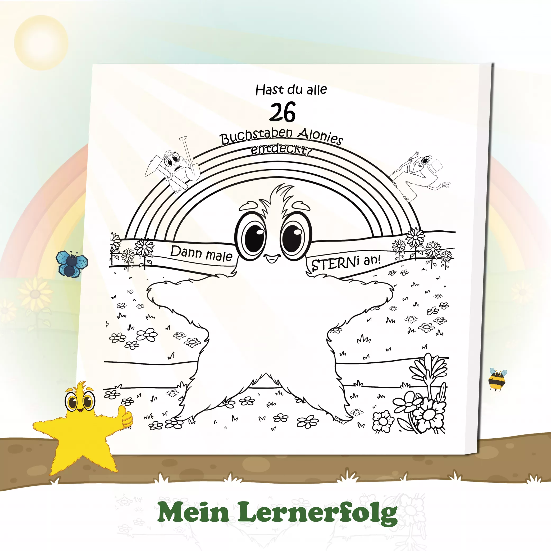 Dein Lernerfolg – Rückblick auf dein Abenteuer

Am Ende des Buches dürfen Kinder zurückblicken: Welche Alonies haben sie entdeckt? Welche Buchstaben und Berufe kennen sie jetzt? Diese bewusste Reflexion stärkt das Selbstvertrauen und hilft, Lerninhalte nachhaltig zu verankern. Spielerisch wird Wiederholen zu einem positiven, selbstwirksamen Erlebnis.