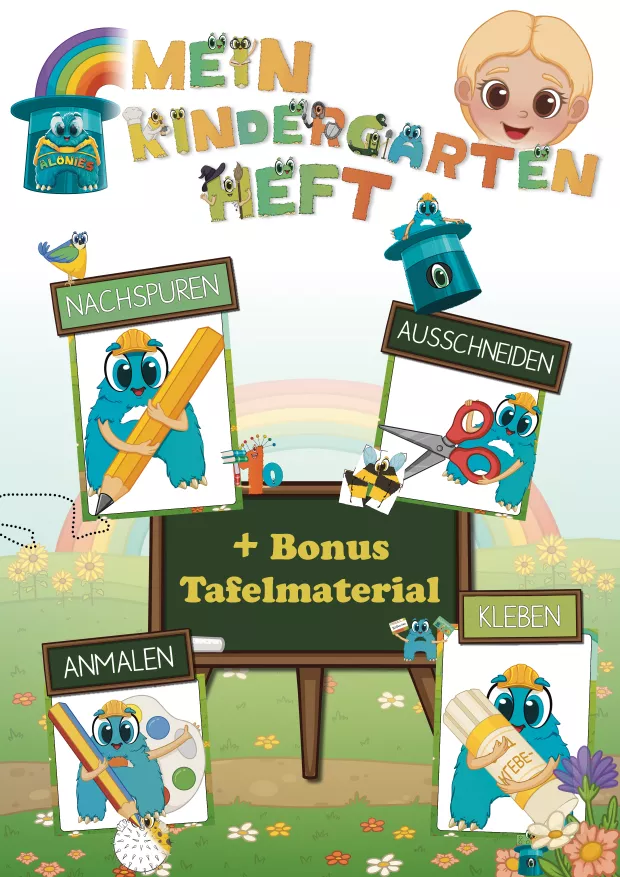 Cover – Kindergarten-Heft ab 3 Jahren
Kindergarten-Heft ab 3 Jahren von den Alonis – mit Übungen zum Schneiden, Kleben, Nachspuren und Malen. Spielerisches Vorschulmaterial zur Förderung von Feinmotorik, Wahrnehmung, Konzentration und Selbstständigkeit. Mit liebevoll illustrierten Figuren wie Kugelfisch Ku, Baustein Bau, Raupe Ra, Vogel Fo und Biene Bi – perfekt für Kindergarten, Vorschule und Zuhause.