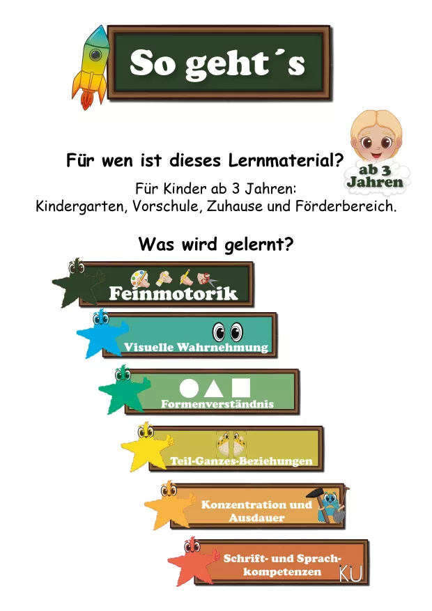 „So geht’s“ / Einführung & Erklärung

Einführungsseite des Aloni-Kindergartenhefts mit Erklärungen für Erwachsene. Das Material richtet sich an Kinder ab drei Jahren und fördert Feinmotorik, visuelle Wahrnehmung, Formenverständnis, Teil-Ganzes-Beziehungen, Konzentration und erste Schrift- und Sprachkompetenzen. Ideal für Kindergarten, Vorschule, Zuhause und Förderunterricht – mit klaren visuellen Anweisungen für selbstständiges Lernen.