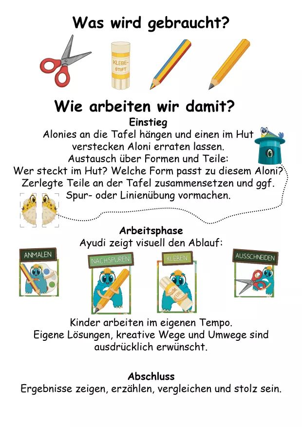 „Was wird gebraucht?“ / Material und Ablauf

Übersichtsseite des Kindergartenhefts mit Materialien: Schere, Kleber, Buntstifte. Pädagogische Hinweise zum Ablauf – Einstieg, Arbeitsphase und Abschlussphase. Perfekt geeignet, um eine vollständige Unterrichtseinheit im Kindergarten oder Vorschulbereich zu planen. Fördert strukturierte Abläufe, Rituale und kindgerechte Selbstständigkeit.