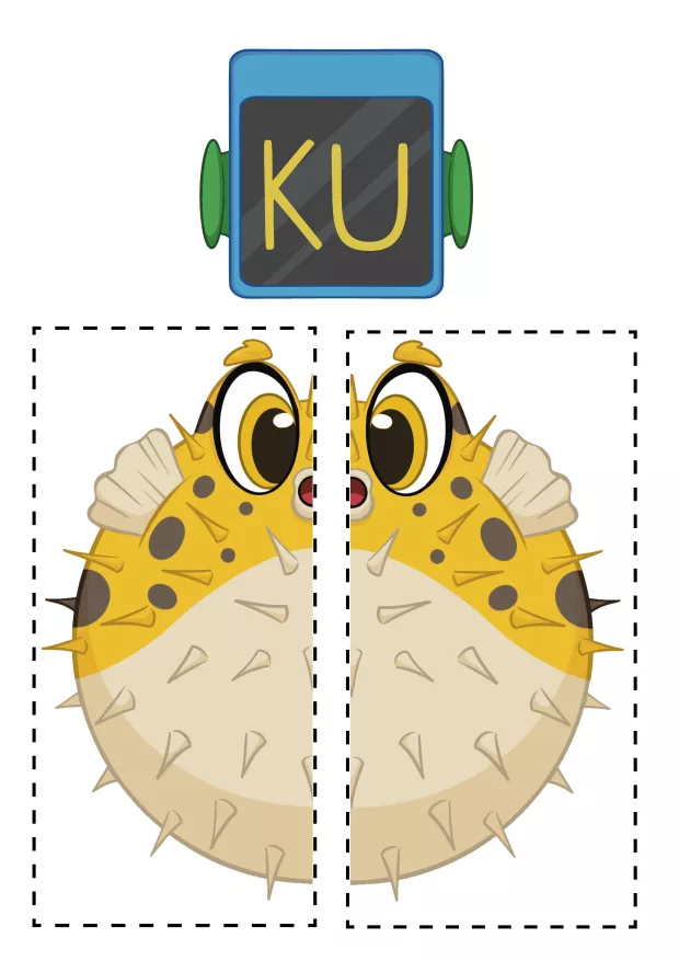 Arbeitsblatt – Kugelfisch in zwei Hälften

Arbeitsblatt mit Kugelfisch Ku, der in zwei Hälften geschnitten und wieder zusammengesetzt wird. Kinder üben Feinmotorik, Teil-Ganzes-Denken und Formwahrnehmung. Die Aufgabe stärkt Konzentration, Hand-Auge-Koordination und das Verständnis für Symmetrie und Zusammenhänge.