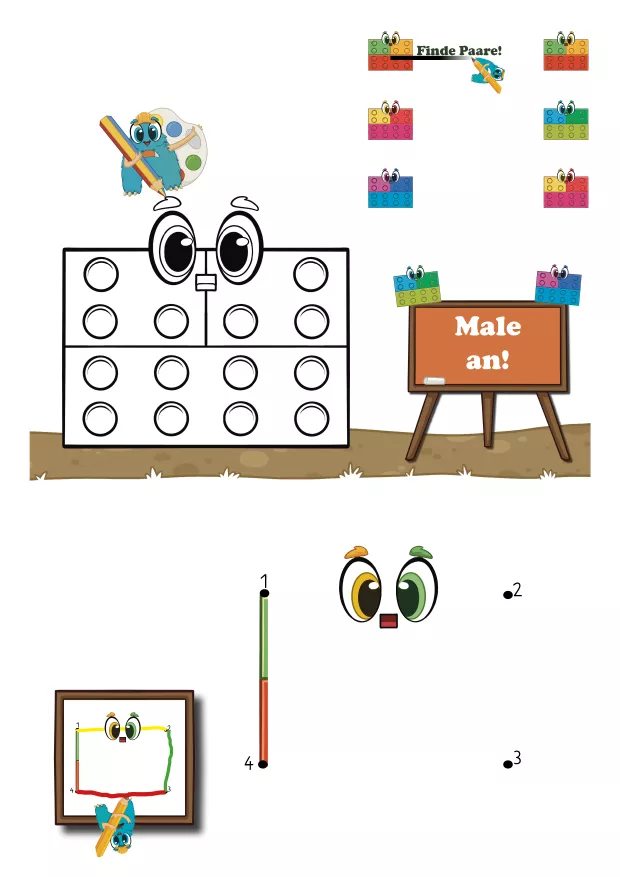 Arbeitsblatt – Baustein Bau mit Paaren & Zahlenbild

Seite mit Bau, dem Baustein-Aloni: Kinder malen, finden passende Paare und vervollständigen ein kleines Zahlenbild. Diese Übungen fördern mathematische Vorläuferfähigkeiten, Mustererkennung, Zählverständnis und logisches Denken auf kindgerechte Weise.