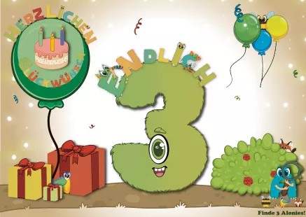 Interaktive Geburtstagskarte zum 3. Geburtstag für Kinder – liebevoll handgemacht, bunt illustriert und mit versteckten Alonis auf der Vorderseite. Die kleinen Figuren, die Zahlen, Buchstaben und Formen darstellen, laden Kinder zum Suchen und Entdecken ein. Eine kreative Mitmachkarte, die Kinderaugen strahlen lässt und den Geburtstag zu einem besonderen Erlebnis macht.