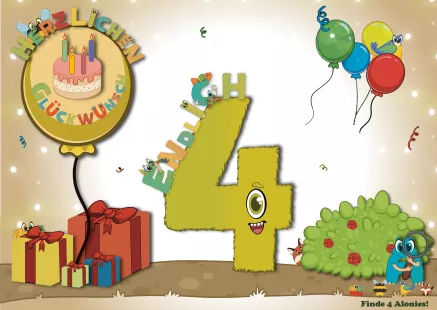 Interaktive Geburtstagskarte zum 4. Geburtstag – handgemacht, bunt illustriert und voller kleiner Überraschungen. Auf der Vorderseite haben sich die Alonis versteckt, kleine Figuren in Form von Zahlen, Buchstaben und Formen, die Kinder selbst entdecken dürfen. Eine kreative Mitmachkarte, die spielerisch zum Suchen und Staunen einlädt.