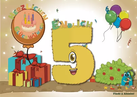 Interaktive Geburtstagskarte zum 5. Geburtstag – liebevoll handgemacht, kindgerecht illustriert und mit fünf versteckten Alonis. Die Figuren aus Zahlen, Buchstaben und Formen laden Kinder dazu ein, auf Entdeckungsreise zu gehen und selbst aktiv zu werden. Eine besondere Mitmachkarte, die den 5. Geburtstag zu einem kleinen Abenteuer macht.