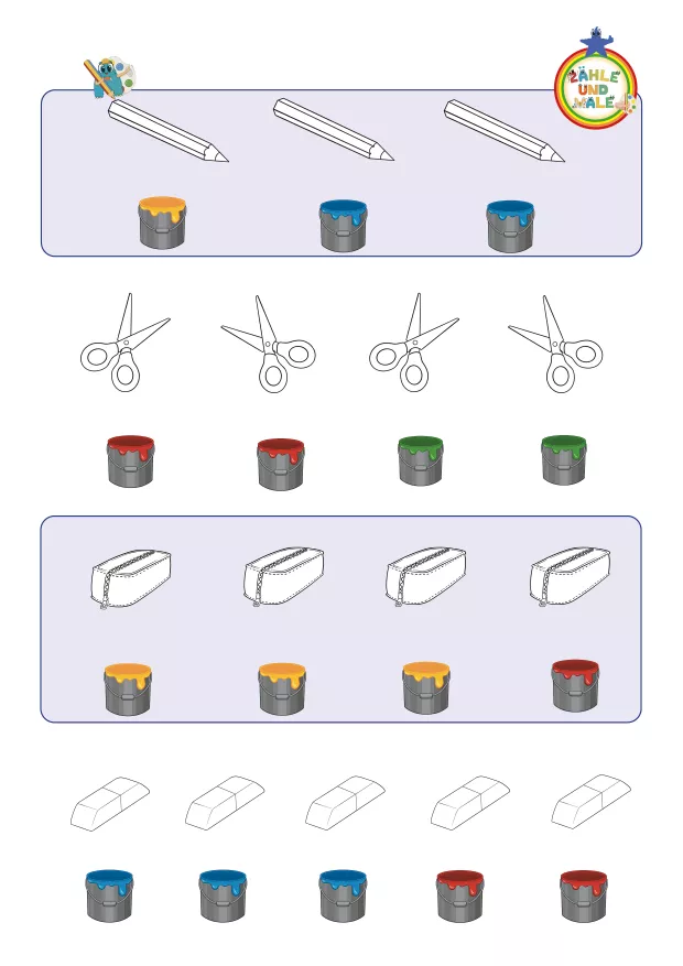 Beispielseite aus Stufe 1 ›Symbollesen‹: Farbtöpfe und Mengen sind bildlich dargestellt und können von Kindern ohne Lesekenntnisse 1:1 zugeordnet werden. Die Aufgabe zeigt Tiere wie Wal, Affe oder Küken und dazu Farbsymbole, die anzeigen, welche Figuren angemalt werden sollen
