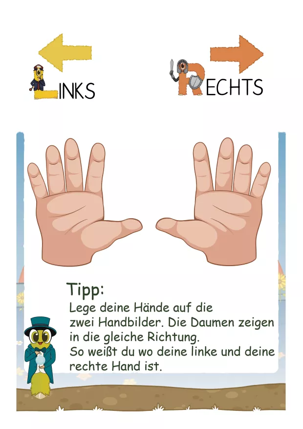 Tipp – Deine Hand hilft dir beim Lernen

Lege deine Hand auf die beiden Handbilder im Heft.
Zeigen die Daumen in die gleiche Richtung, weißt du:
Das ist meine linke Hand. Das ist meine rechte Hand.

So können Kinder jederzeit selbst nachschauen und sich vergewissern –
eine einfache Hilfe, die Sicherheit gibt und Frust vermeidet.