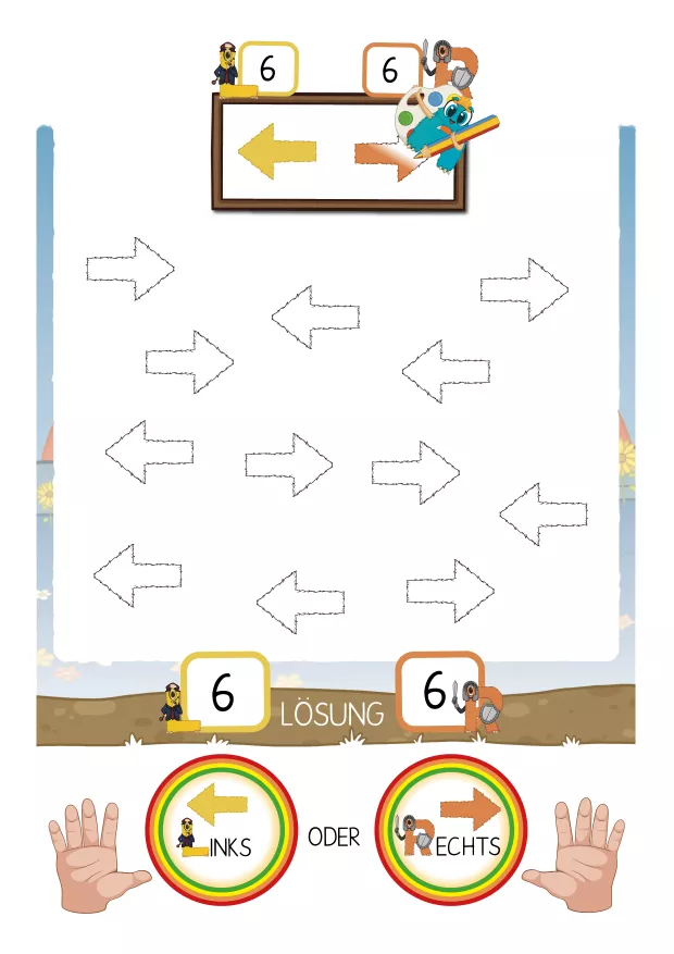 Beispielübung – Pfeile zählen und vergleichen

In einer Übungsseite färben die Kinder:

alle Pfeile, die nach rechts zeigen, rot

alle Pfeile, die nach links zeigen, gelb

Anschließend wird gezählt:

Wie viele Pfeile zeigen nach rechts?

Wie viele nach links?

So werden Links-Rechts-Orientierung, Zählen und Mengenvergleiche miteinander verknüpft.